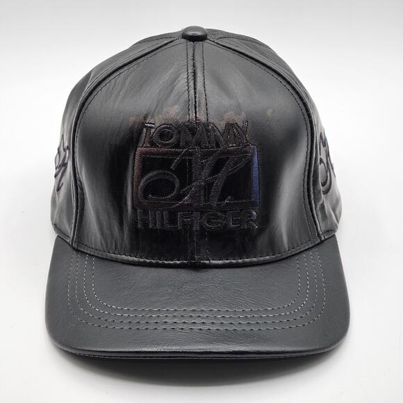 Vintage Tommy Hilfiger Black Leather Hat - 90s Logo Cap, Embroidered One Size - Picture 1 of 5